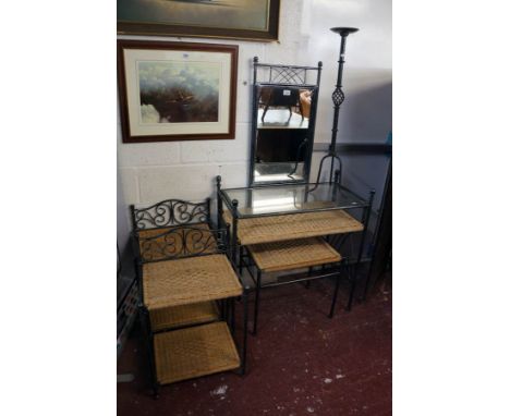 Wicker and metal dressing table, stool, pair of bedside tables and candle stand