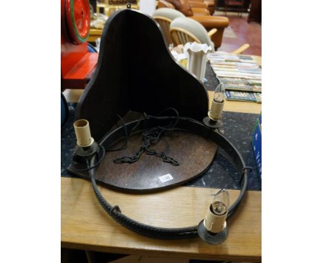 Oak corner shelf & old light fitting