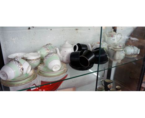 Shelf of tea sets etc to include Wedgwood etc