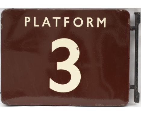 BR(W) FF enamel station sign PLATFORM 3. Double sided with the opposite side blank, complete with mounting bracket. In very g