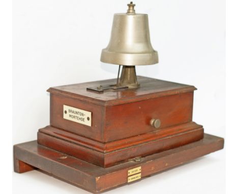 GWR signal box Bell with church bell, ivorine plated BRAUNTON - MORTEHOE. Still mounted on its original shelf which is ivorin