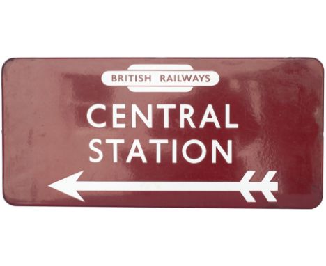 BR(M) FF enamel station direction sign BRITISH RAILWAYS (in totem) CENTRAL STATION with left facing arrow. In excellent condi