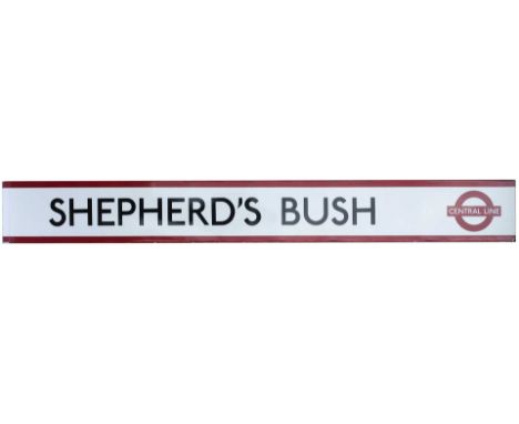 London Underground enamel station frieze sign SHEPHERD'S BUSH with Central Line logo on the right hand side. Measures 75in x 