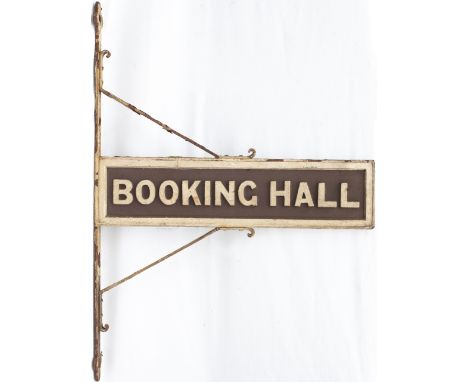 Great Western Railway station platform sign BOOKING HALL, double sided wood with cast iron letters and original wrought iron 