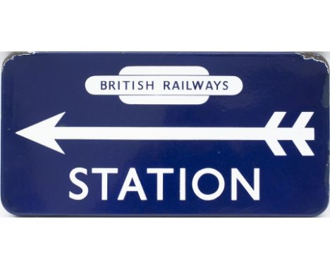 BR(E) FF enamel direction sign STATION with British Railways totem at the top and left facing arrow. Measures 21in x 10.5in a