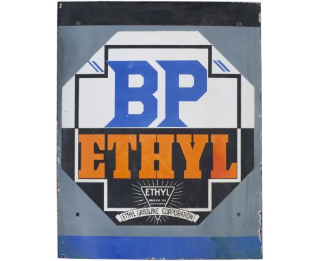 Advertising motoring enamel sign BP ETHYL GASOLINE CORPORATION. In very good condition with some restoration to the left hand