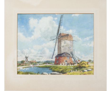 Original 1950s watercolour artwork WINDMILLS, NORFOLK for the BR (Eastern) Publicity Dept by carriage print artist, Edward Wa
