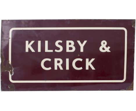 LMS enamel station running-in board KILSBY &amp; CRICK from the former London &amp; North Western railway station between Nor