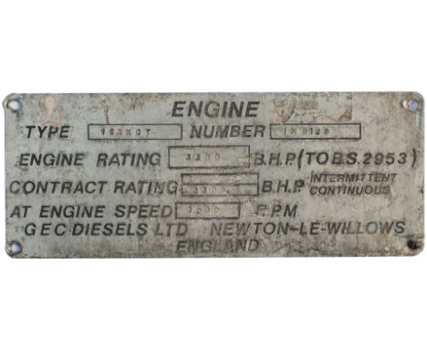 Engine number plate TYPE 12RKCT NUMBER 1H 9128 GEC DIESELS LTD NEWTON-LE-WILLOWS ENGLAND. Ex British railways Diesel class 58