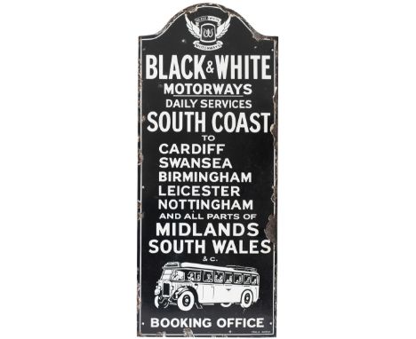 Motoring bus enamel sign BLACK &amp; WHITE MOTORWAYS BOOKING OFFICE. DAILY SERVICES SOUTH COAST TO CARDIFF SWANSEA BIRMINGHAM