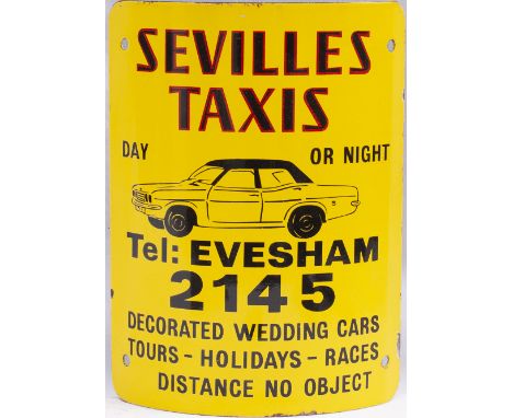 Advertising enamel sign SEVILLES TAXIS EVESHAM 2145 with image of a Vauxhall Victor. In excellent condition with minor edge c