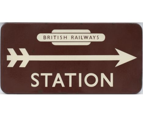 BR(W) FF enamel direction sign STATION with British Railways totem at the top and right facing arrow. Measures 21in x 10.5in 