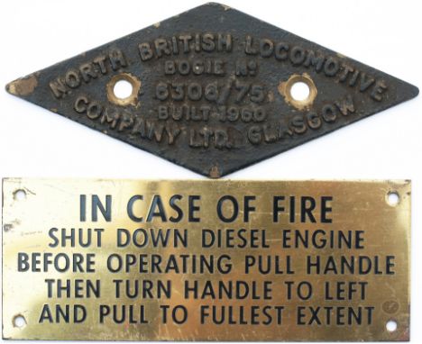 Diesel Bogie plate NORTH BRITISH LOCOMOTIVE COMPANY LTD GLASGOW BOGIE No 6306/75 BUILT 1960 ex Class 22. Diamond shaped cast 