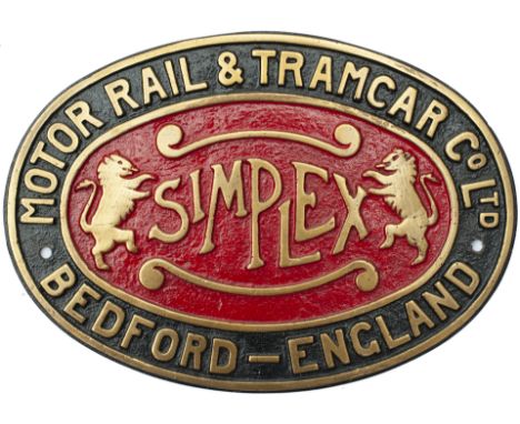 A brass locomotive makers plate SIMPLEX Motor Rail and Tramcar Co Ltd, Bedford England. Decorated with two lions at each end 