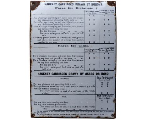 Motoring road enamel sign HACKNEY CARRIAGES DRAWN BY HORSES and HACKNEY CARRIAGES DRAWN BY ASSES OR HAND. An early sign datin