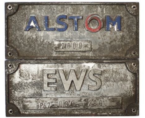 Diesel Bogie plates a pair ALSTOM 2000 and  EWS BP 67-034-2000 ex Class 67 67018. Rectangular cast aluminium both measure 7in