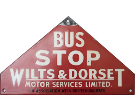 Bus motoring enamel BUS STOP WILTS &amp; DORSET MOTOR SERVICES LIMITED IN ASSOCIATION WITH BRITISH RAILWAYS. In very good con