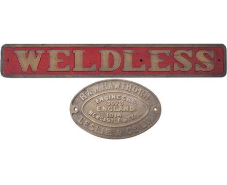 Nameplate WELDLESS together with its worksplate R&amp;W HAWTHORN LESLIE &amp; CO LTD ENGINEERS NEWCASTLE ON TYNE ENGLAND 3073