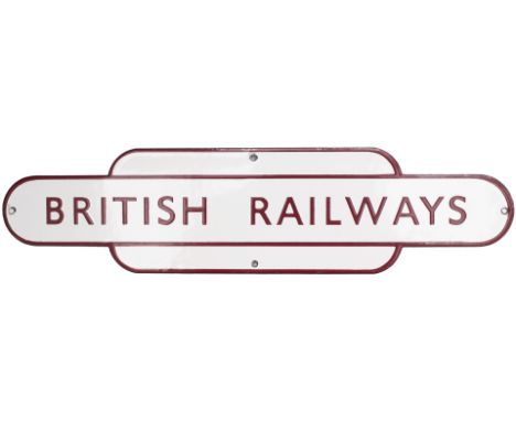 BR(M) enamel totem shaped Poster Board Heading BRITISH RAILWAYS. Measures 16.25in x 4in and is in excellent condition.