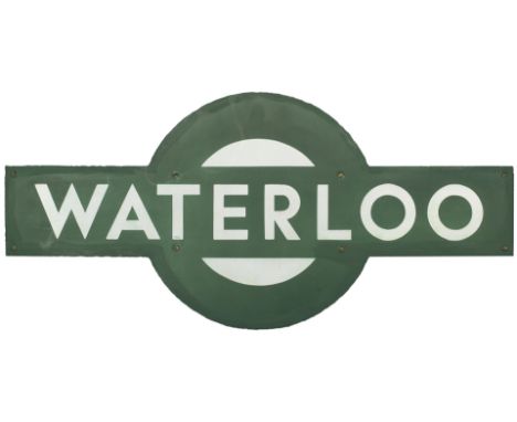Southern Railway enamel target sign WATERLOO from the former London and South Western Railway London Terminus station. In ver
