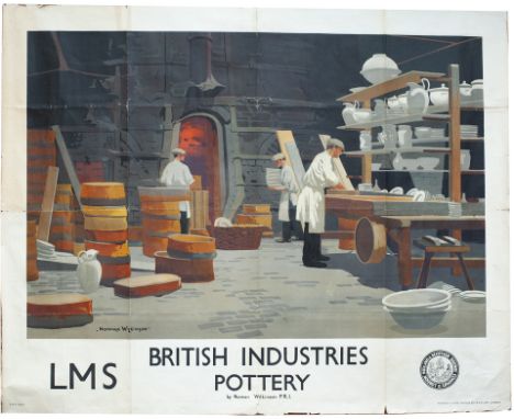Poster LMS BRITISH INDUSTRY POTTERY by Norman Wilkinson P.R.I. Quad Royal 50in x 40in. In fair condition with tape repairs an