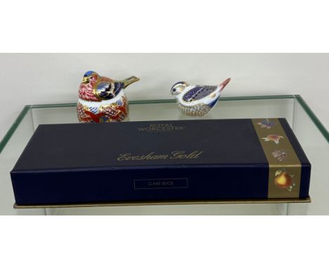 Two Royal Crown Derby bird ornaments both silver stoppers, largest measures approximately 3 inches tall, and a Royal Worceste