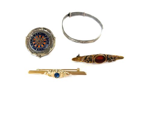 Vintage silver dart fob, Silver bangle and 2 costume brooches