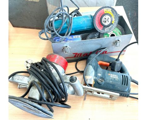 Selection of tools, Bosh grinder, Black and Decker jigsaw, Wolf circular sander, all untested