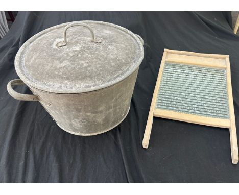 Vintage large enamel lidded wash bucket and a wash board 
