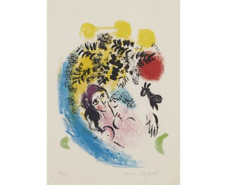 § MARC CHAGALL (RUSSIAN/FRENCH 1887-1985) LES AMOUREUX AU SOLEIL ROUGE - 1960 Colour lithograph, on watermarked Arches paper,