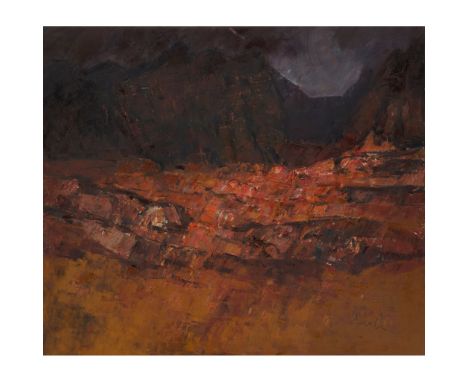 § GEORGE DEVLIN R.S.W (SCOTTISH 1937-2014) HIGHLAND PASS Signed lower right, oil on canvas(100cm x 115cm (39.25in x 425in))