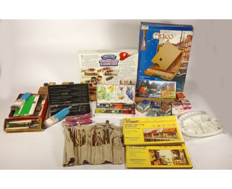 A collection of artist sundry items to include, easel, oven bake clay, sketching pencils, sketch pads, acrylic paint and othe