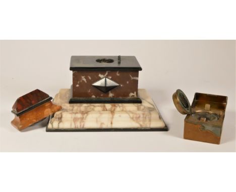 An Art Deco veined marble &amp; slate desk ink stand. Circa 1930s, L20cm, H13cm, together with a leather &amp; brass travelli