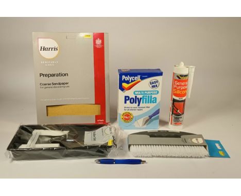 A collection of ex-shop D.I.Y stock, to include Everbuild silicone, Polycell caulk, Polyfilla, paint stripper, sandpaper, rol