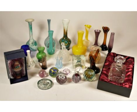 A collection of mid 20th Century Art Glass, to include opaline marble vases, coloured spill vases, together with paperweights