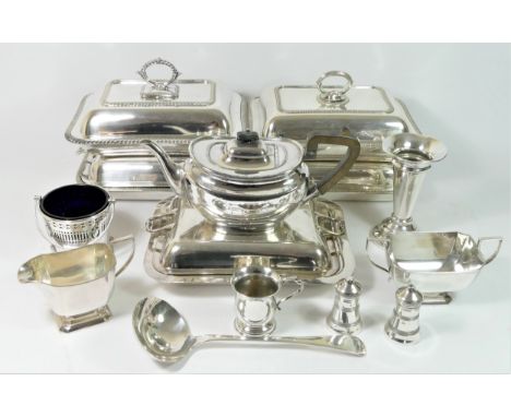 Five various electroplated entree dishes, a ladle and other plated wares 