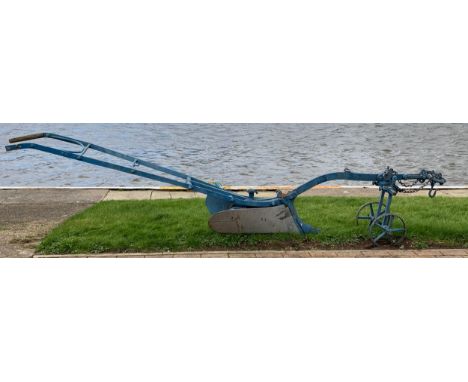 A plough, single axle gauge wheels, single share, dual handles, cast iron, blue, 330cm 