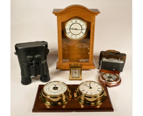 A cased pair of Miranda binoculars 10x50, together with an Agfa 'Record' folding camera, a wall clock by London Clock Company