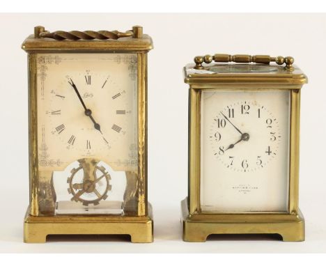 A Mappin &amp; Webb 8 day carriage clock, brass case, white enamel dial, movement stamped France - 11cm tall, together with a