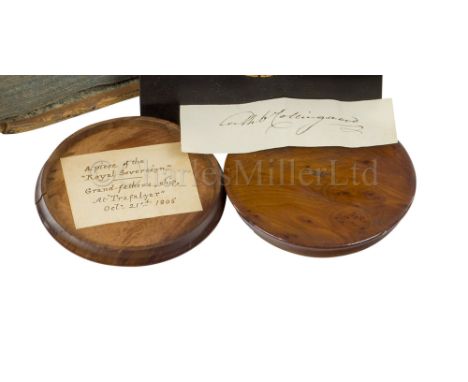 AN EARLY 19TH CENTURY CIRCULAR TREEN SNUFF BOX MADE OF TIMBER TAKEN FROM ROYAL SOVEREIGN interior with label stating A piece 