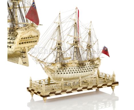 AN ATTRACTIVE EARLY 19TH CENTURY FRENCH, NAPOLEONIC PRISONER-OF-WAR, BONE SHIP MODEL FOR A FIRST-RATE SHIP OF THE LINE the 7i