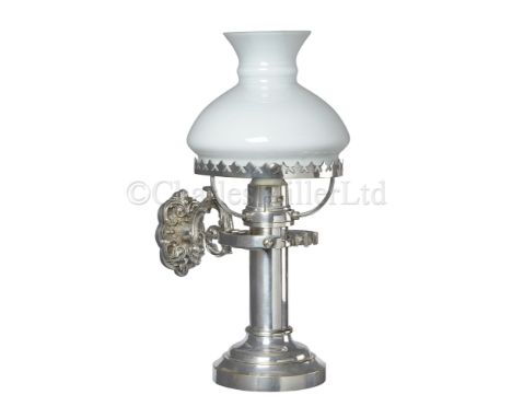 A FINE 19TH CENTURY NICKEL-PLATED GIMBALLED CANDLE LAMP heavily constructed with sprung removable candle chamber, decorative 