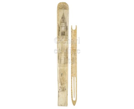 Ø A RARE SCRIMSHAW DECORATED WHALEBONE NET REPAIRER, CIRCA 1850 with single enclosed tang with inset hook to base, worked on 
