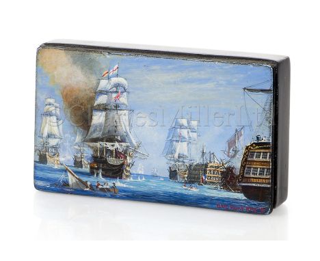 CMDR GEOFF HUNT R.N. (BRITISH, B. 1948) After William Lionel Wyllie: Trafalgar at 2:30pm Oil on lid of antique papier-mâché s