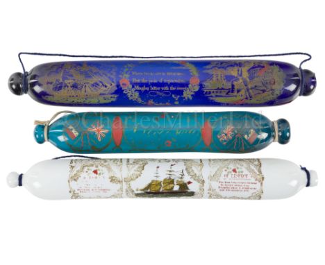 A TRANSFER-PRINT ROLLING PIN OR NAILSEA SALT, CIRCA 1860 cobalt blue glass with sentimental verse flanked by graphics of the 