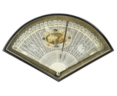 Ø AN IVORY BREEZE FAN COMMEMORATING THE BATTLE OF THE NILE, 1798 with 27 finely pierced sticks each with polychrome cartouche