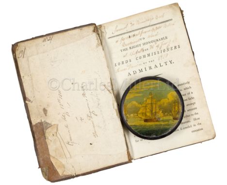 AN EARLY 19TH CENTURY TABLE SNUFF BOX, COMMEMORATING THE BATTLE OF TRAFALGAR the lid with transfer of the action inscribed in