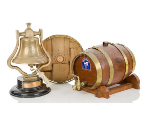 A PUSSER’S NAVAL RUM BAR CASK coopered in oak with brass banding and spigot, stamped to the side with maker’s marks and loose