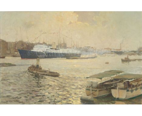 WILLIAM ERIC THORP (BRITISH, 1901-1993) The Royal Yacht 'Britannia' in the Thames awaiting the arrival of H.R.H. Princess Mar