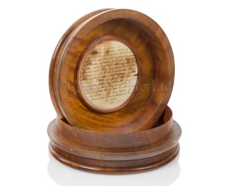 A LARGE TURNED MAHOGANY TABLE TOBACCO BOX, MADE FROM THE TIMBER OF H.M.S. GIBRALTAR (1749), CIRCA 1836 interior with a glazed